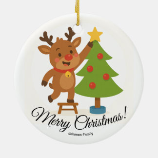 Cute Reindeer Decorating Tree Personalized Name Keramik Ornament