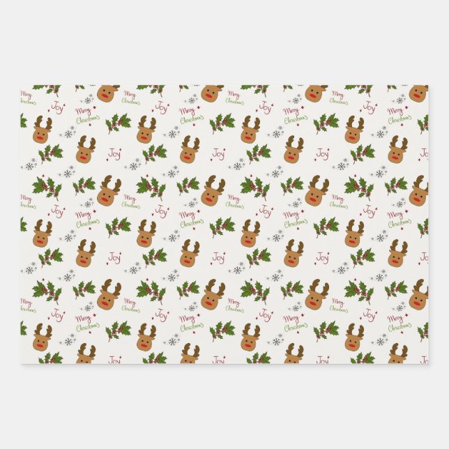 Cute Reindeer & Holly Christmas Pattern Geschenkpapier Set (Vorderseite)