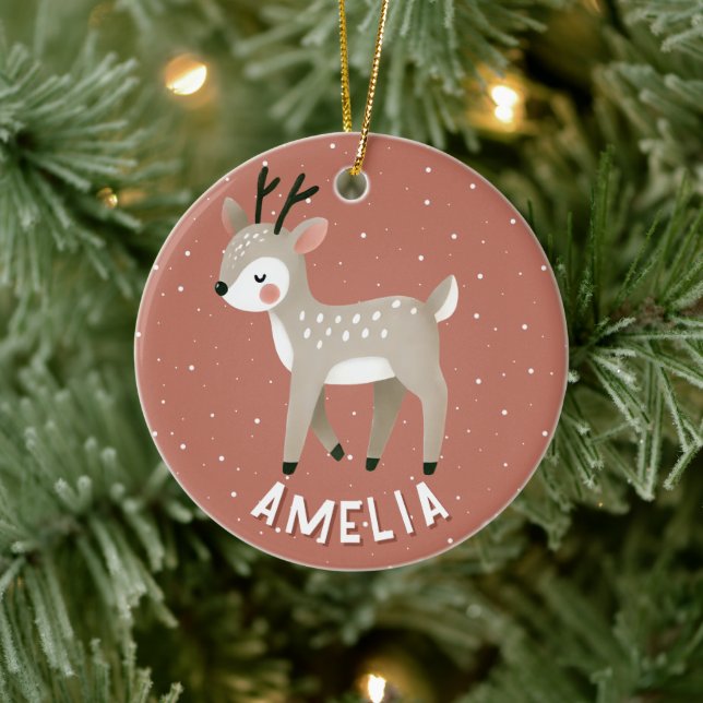 Cute Reindeer Kid`s Name Christmas Keramik Ornament (Baum)