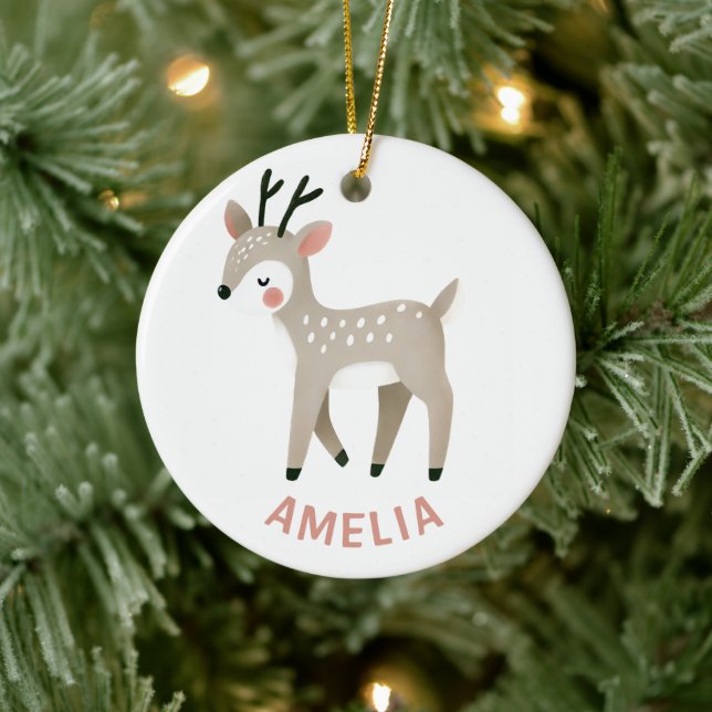 Cute Reindeer Kid`s Name Christmas Keramik Ornament (Baum)
