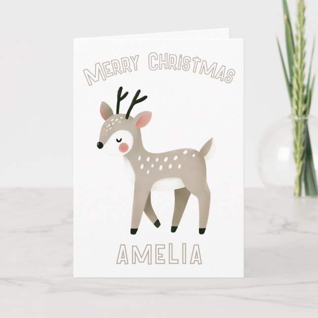 Cute Reindeer Kid`s Name Merry Christmas Holiday Karte (Vorderseite)