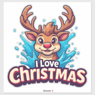 Cute Reindeer Mascot With 'I Love Christmas' Text Aufkleber