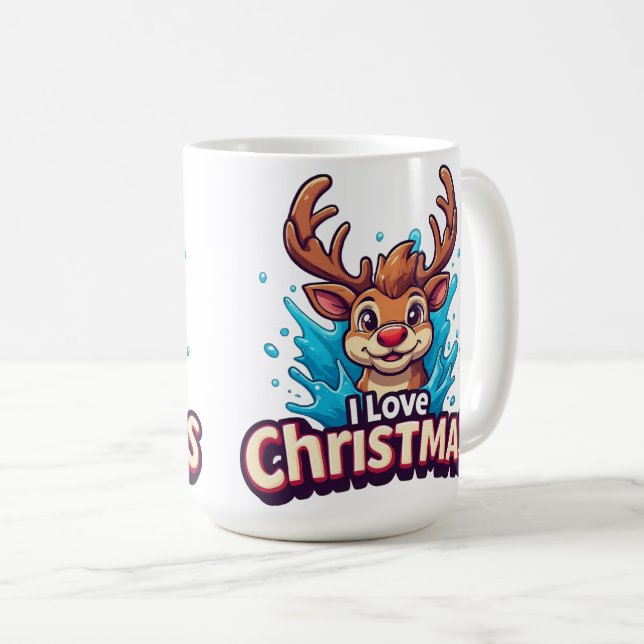 Cute Reindeer Mascot With 'I Love Christmas' Text Kaffeetasse (VorderseiteRechts)