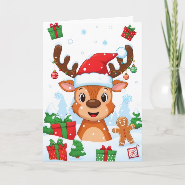 Cute Reindeer Merry Christmas Kids Holiday Card Karte (Vorderseite)