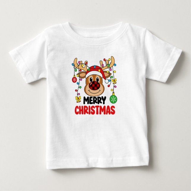 Cute Reindeer Merry Christmas Lights Baby T-shirt (Vorderseite)