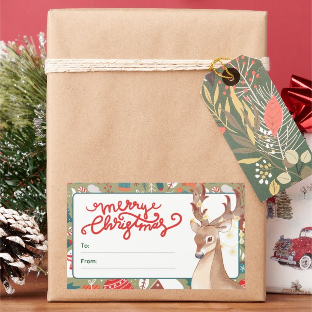 Cute Reindeer Merry Christmas Lights  Rechteckiger Aufkleber (Feiertag)