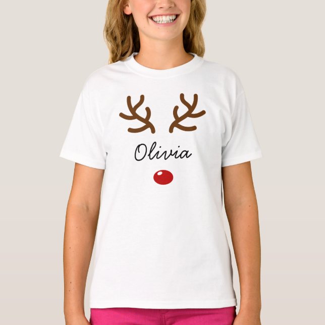Cute Reindeer Nose and Antlers Custom Christmas T-Shirt (Vorderseite)