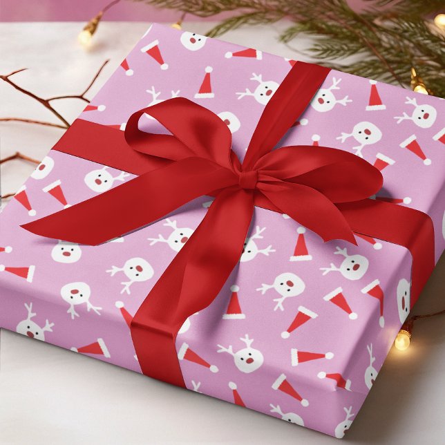 Cute Reindeer Santa Hat Modern Christmas Pattern Geschenkpapier (Von Creator hochgeladen)