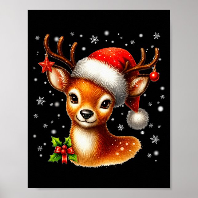 Cute Reindeer Santa Hat Rednose Christmas Xmas Wom Poster (Vorne)