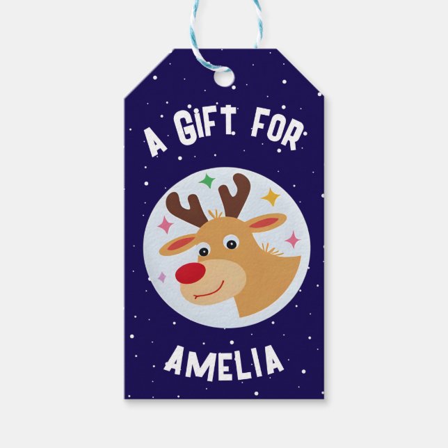 Cute Reindeer Snowflakes Kid`s Name Christmas  Geschenkanhänger (Vorderseite)