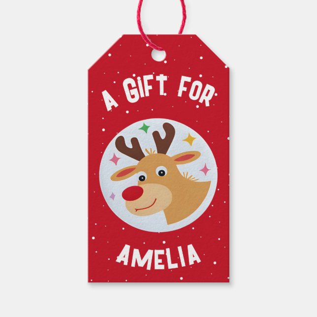 Cute Reindeer Snowflakes Kid`s Name Christmas  Geschenkanhänger (Vorderseite)