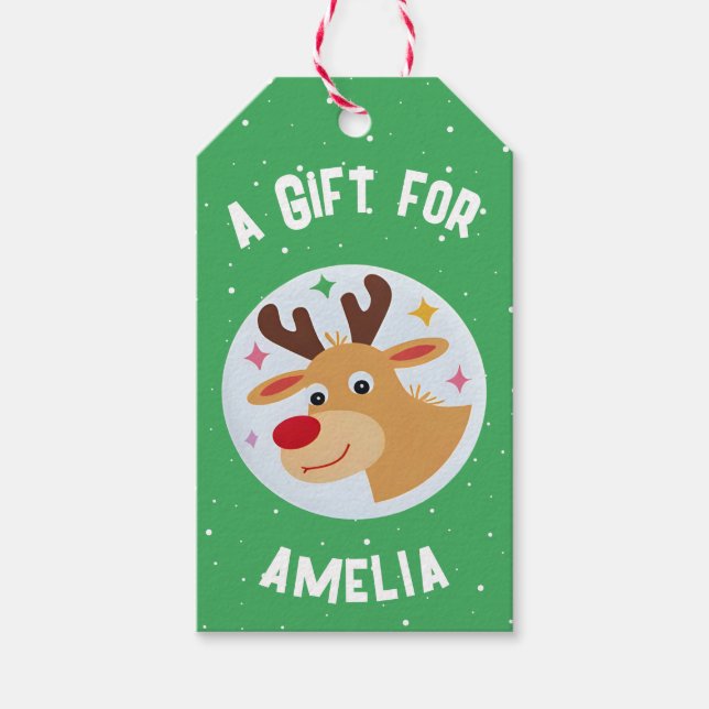 Cute Reindeer Snowflakes Kid`s Name Christmas  Geschenkanhänger (Vorderseite)