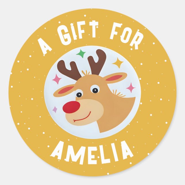 Cute Reindeer Snowflakes Kid`s Name Christmas  Runder Aufkleber (Vorderseite)