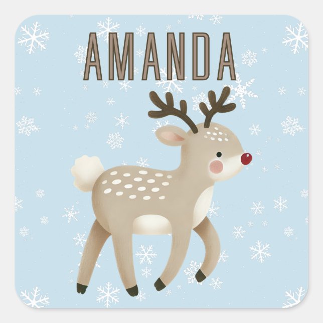 Cute Reindeer Snowflakes Kids Name Christmas Quadratischer Aufkleber (Vorderseite)