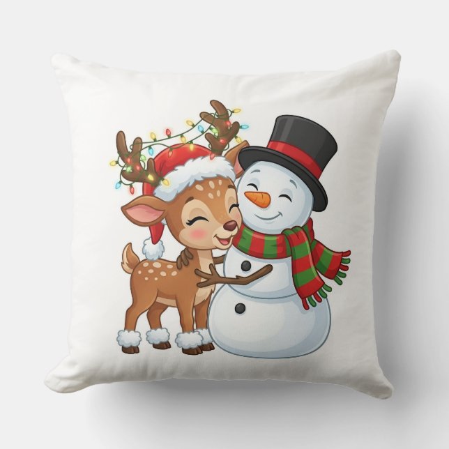 Cute Reindeer & Snowman Christmas Pillow Kissen (Vorderseite)