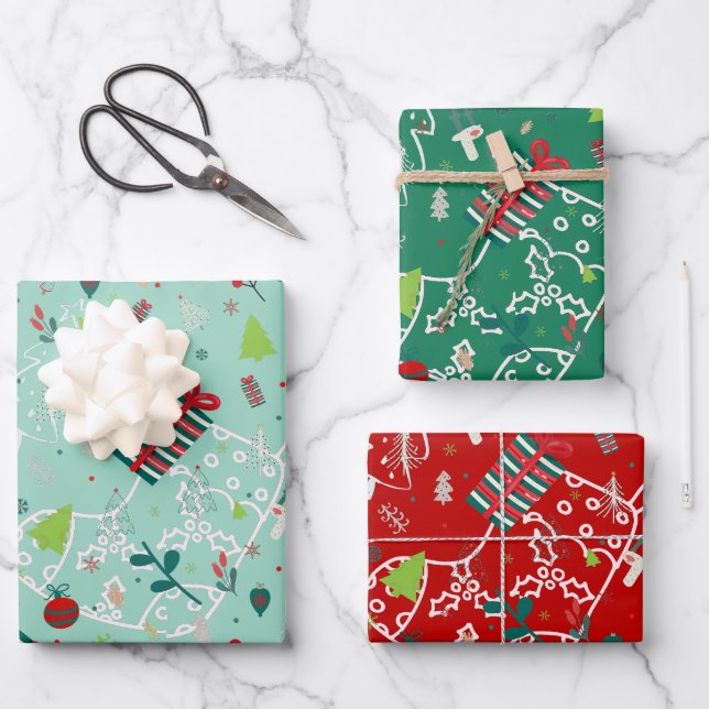 Cute Reindeer, Trees & Snowflakes Festive Design Geschenkpapier Set (Vorderseite)