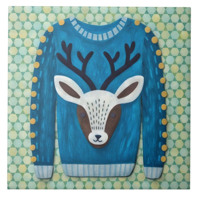 Cute Reindeer Ugly Sweater Holiday Art Tile Fliese (Vorderseite)