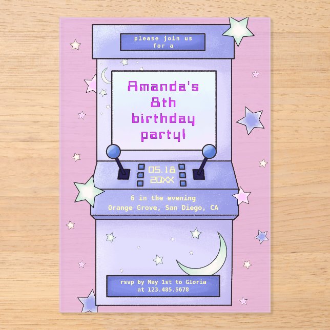 Cute Retro Arcade Game Kids Birthday Acryleinladungen (Vorderseite)