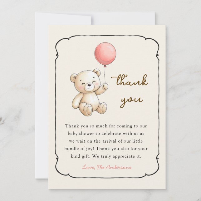 Cute retro Bear Baby girl shower Thank you card Dankeskarte (Vorderseite)