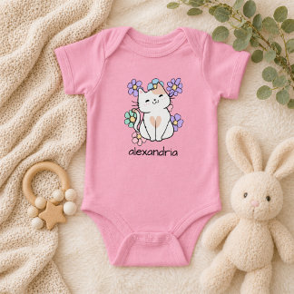 Cute Retro Cat and Flowers Baby Strampler