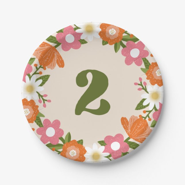 Cute Retro Floral 2 | Girls Second Birthday Pappteller (Vorderseite)