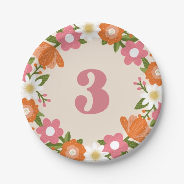 Cute Retro Floral 3 | Girls Third Birthday Pappteller (Vorderseite)