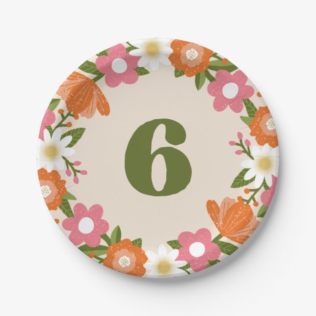 Cute Retro Floral 6 | Girls Sixth Birthday Pappteller (Vorderseite)