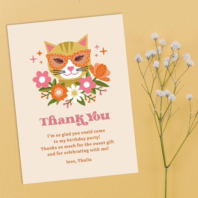 Cute Retro Floral Cat Girls Birthday Dankeskarte (Von Creator hochgeladen)