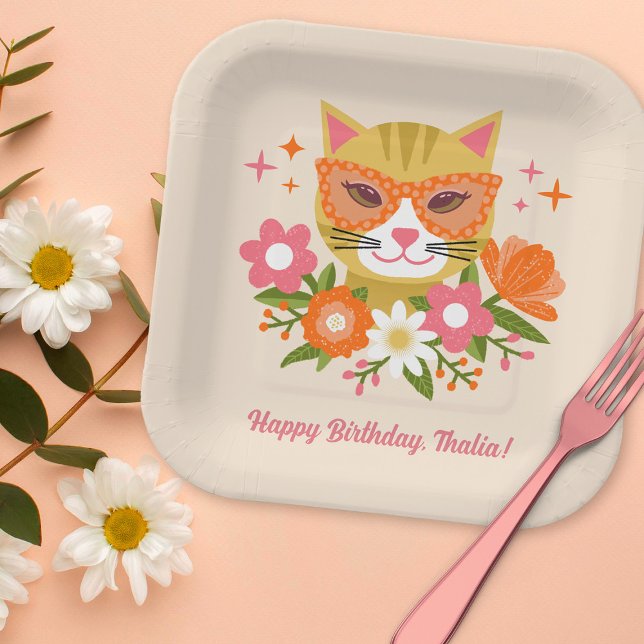 Cute Retro Floral Cat Girls Birthday Pappteller (Von Creator hochgeladen)