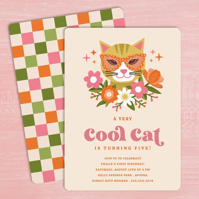 Cute Retro Floral Cool Cat Girls Birthday Party Einladung (Von Creator hochgeladen)