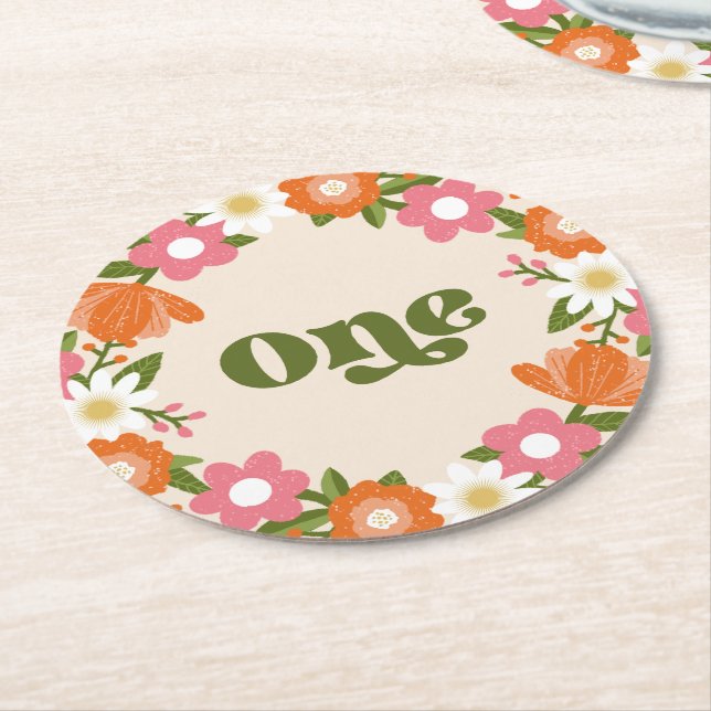Cute Retro Floral One | Baby's First Birthday  Runder Pappuntersetzer (Angewinkelt)