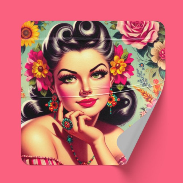 Cute Retro Floral Pin-up Portrait Quadratischer Aufkleber (Von Creator hochgeladen)