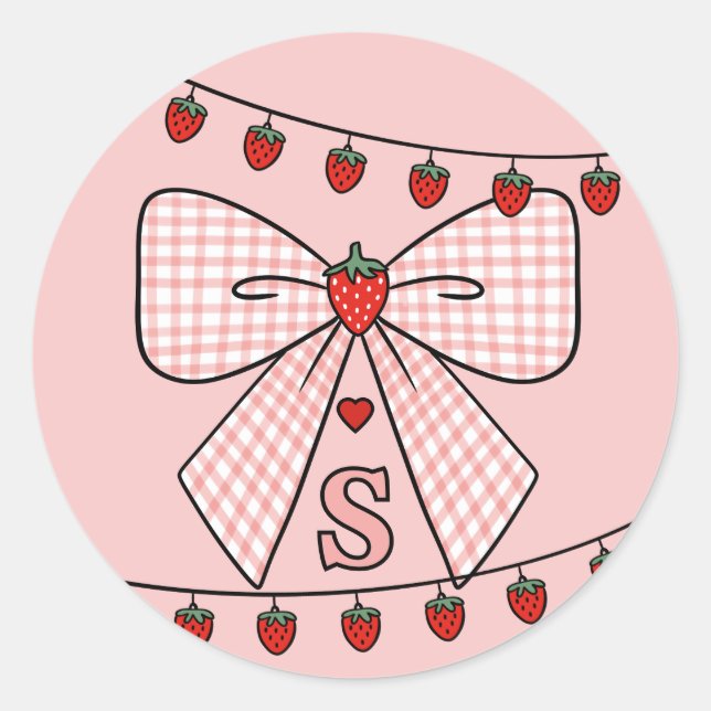 Cute Retro Monogram Initials Strawberry Coquette Runder Aufkleber (Vorderseite)