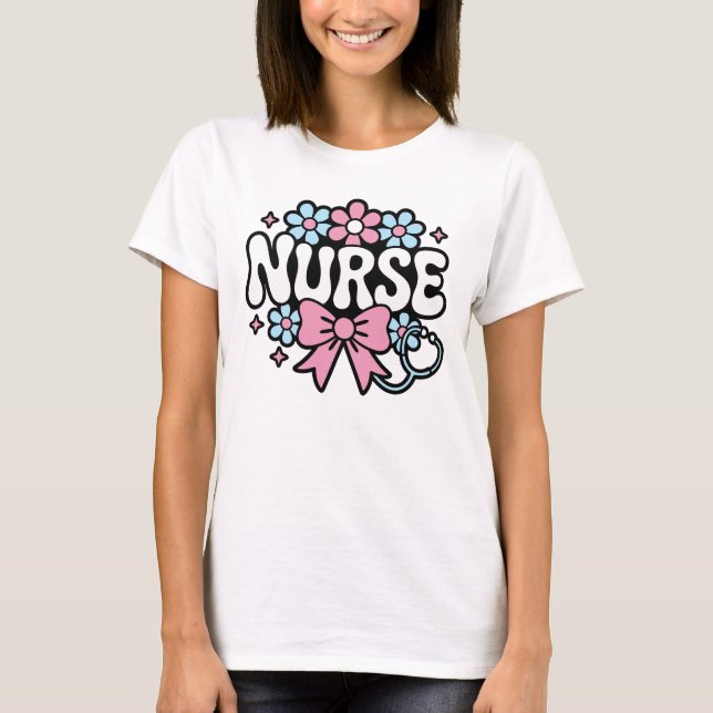 Cute Retro Nurse Design with Flowers and Bow  T-Shirt (Vorderseite)