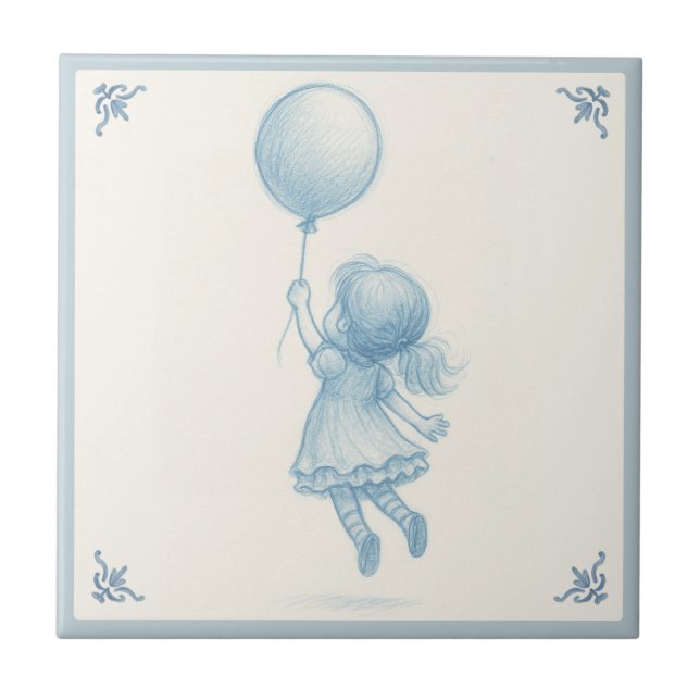 Cute retro pastel blue whimsical girl with balloon fliese (Vorderseite)