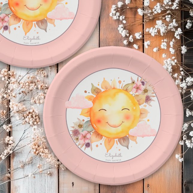 Cute Retro Pink Boho Flowers Sunshine Baby Shower Pappteller (Von Creator hochgeladen)
