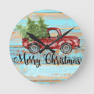 Cute Retro Red Truck Country Christmas Runde Wanduhr