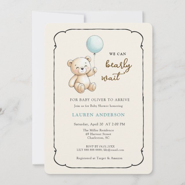Cute Retro Teddy Bear, Boy Baby shower Einladung (Vorderseite)