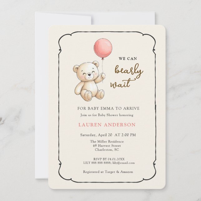 Cute Retro Teddy Bear, Girl Baby shower Einladung (Vorderseite)