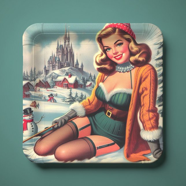 Cute Retro Winter Pin-up Pappteller (Von Creator hochgeladen)