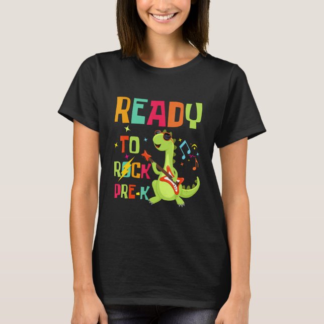 Cute Rex Dino Playing Guitar Ready To Rock PRE K T T-Shirt (Vorderseite)