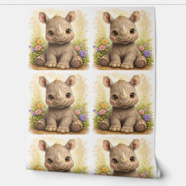 Cute Rhino Floral Pattern Wallpaper Nursery Tapete