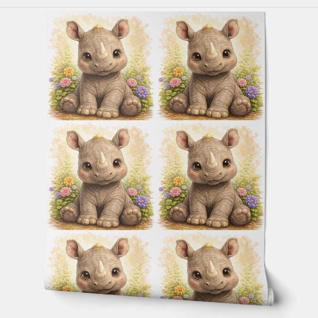 Cute Rhino Floral Pattern Wallpaper Nursery Tapete (Abrollen)