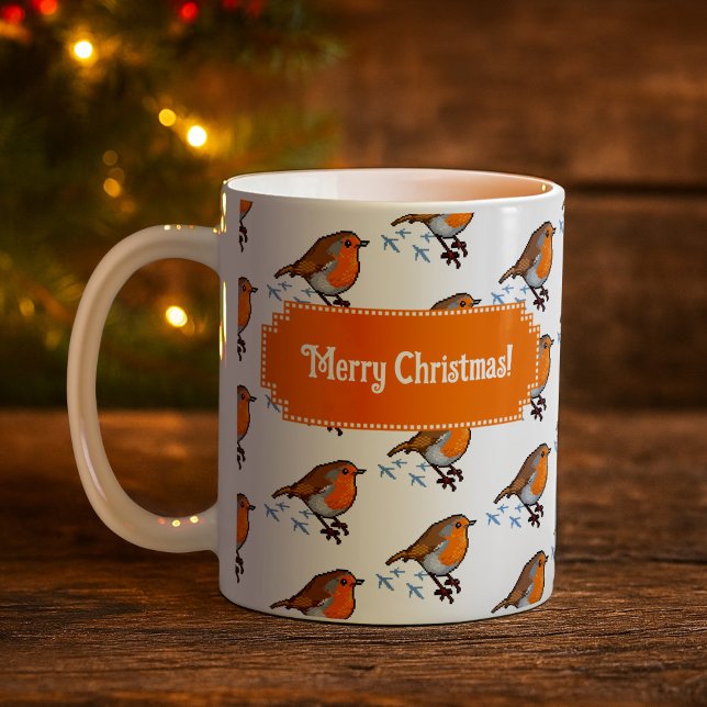 Cute Robin Red Breast Merry Christmas! Pattern Kaffeetasse (Von Creator hochgeladen)