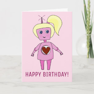 Cute Robot Girl Happy Birthday Pink Geek Card Karte