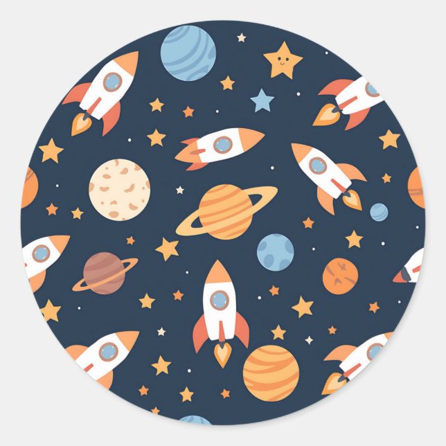 Cute Rockets Planets Space Pattern Runder Aufkleber (Vorderseite)