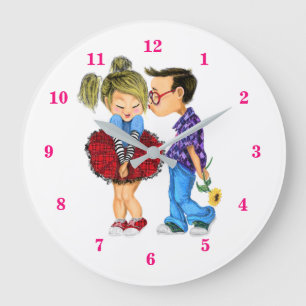 Cute Romantic Couple - Love - Kiss Große Wanduhr
