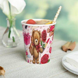 Cute Romantic Red & Pink Watercolor Love Pattern Pappbecher