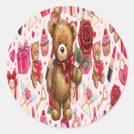 Cute Romantic Red & Pink Watercolor Love Pattern Runder Aufkleber