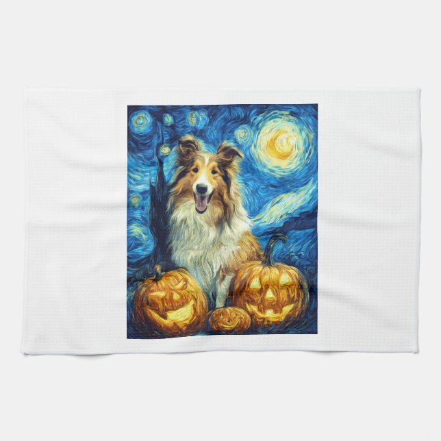 Cute Rough Collie Dog Halloween Jack O Lantern Pum Geschirrtuch (Horizontal)